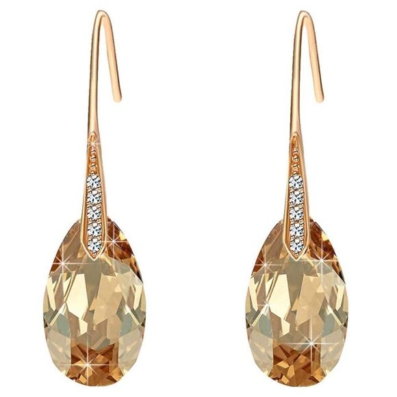 14K Yellow Gold and Champagne Topaz Austrian Crystal Teardrop Drop Hook Earrings
